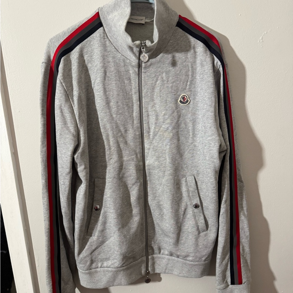 Moncler Gray Jacket with Red and Blue Stripes